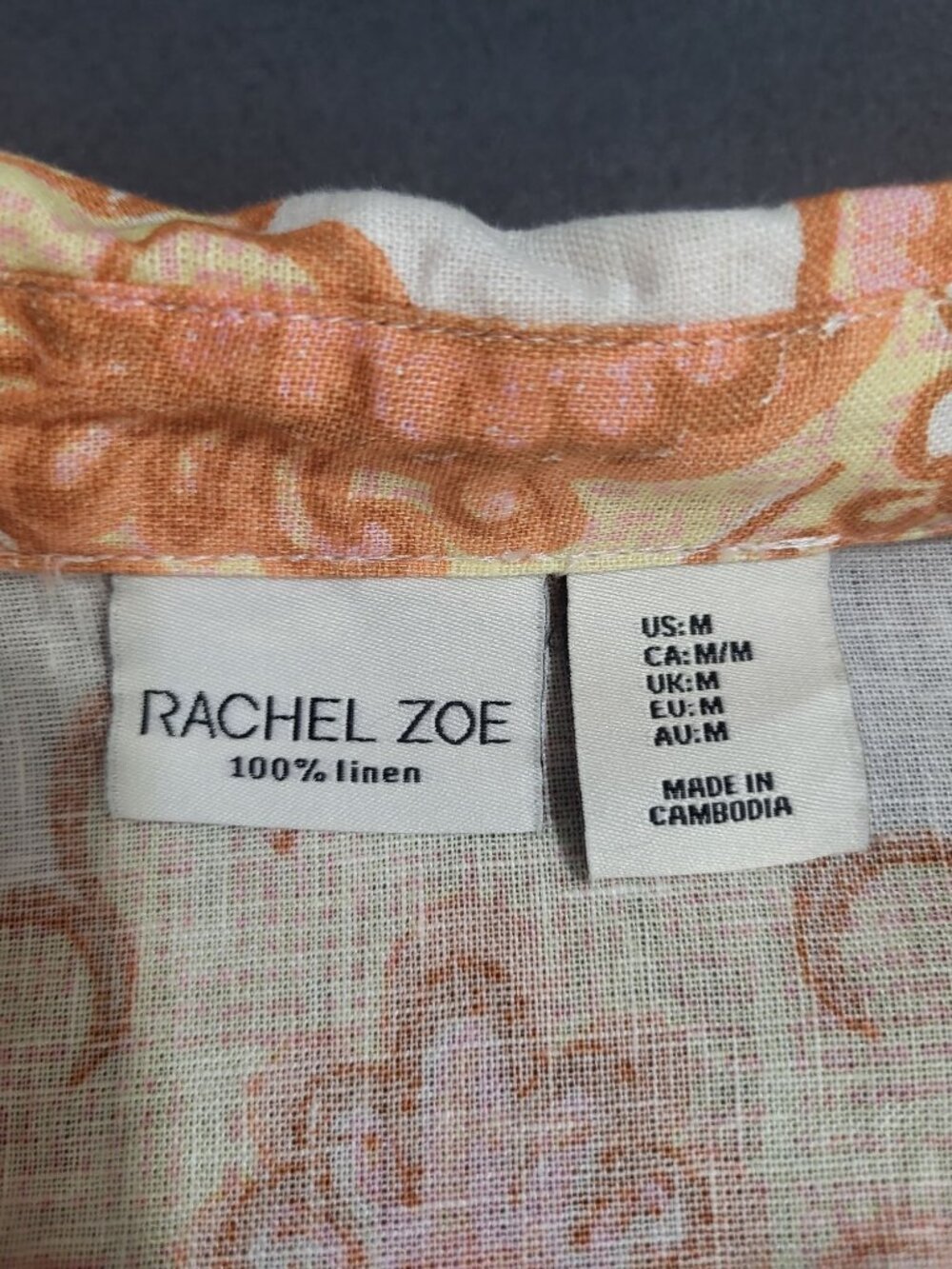 Rachel Zoe SZ M Long Sleeved V Neck Linen Boho Print Blouse Top Orange White - Picture 5 of 6